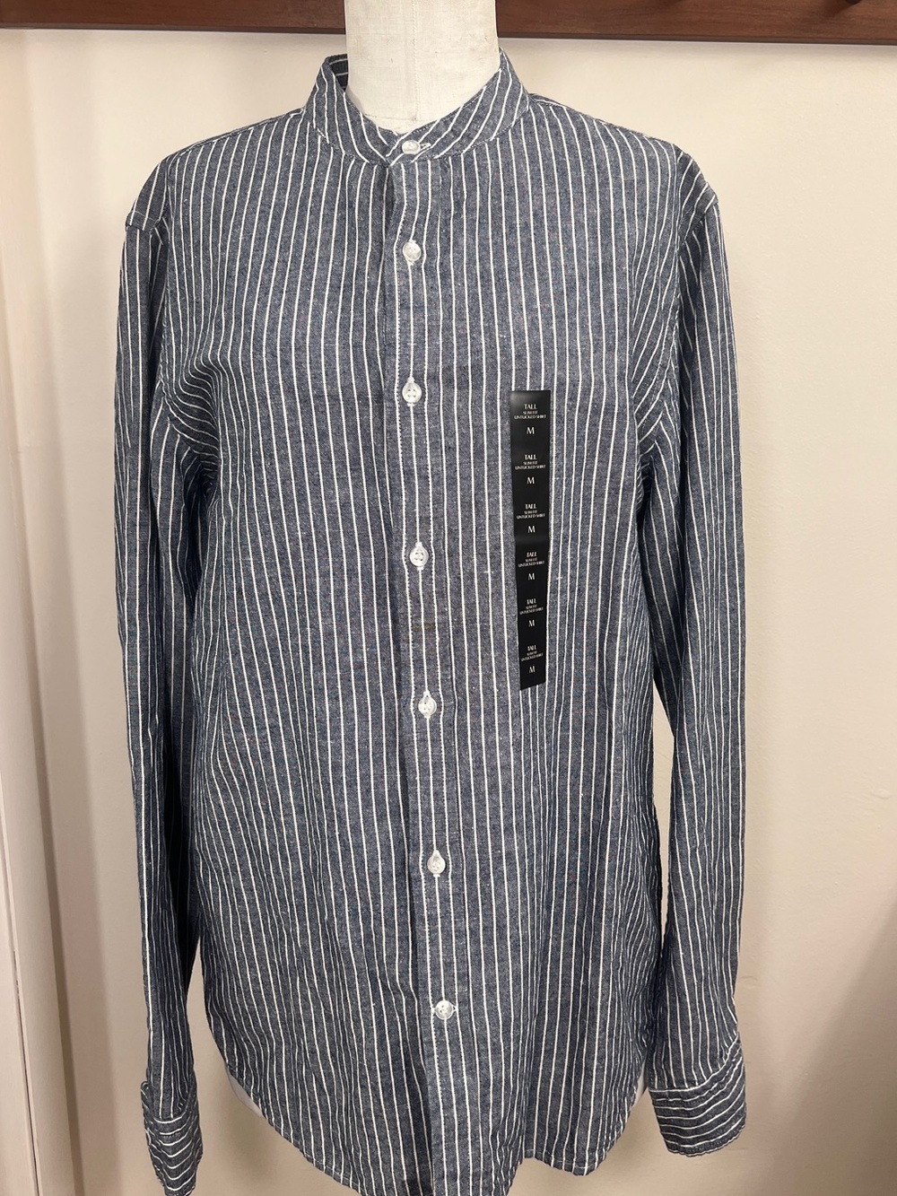 Banana Republic Navy and White Vertical Stripe Band-Collar Shirt